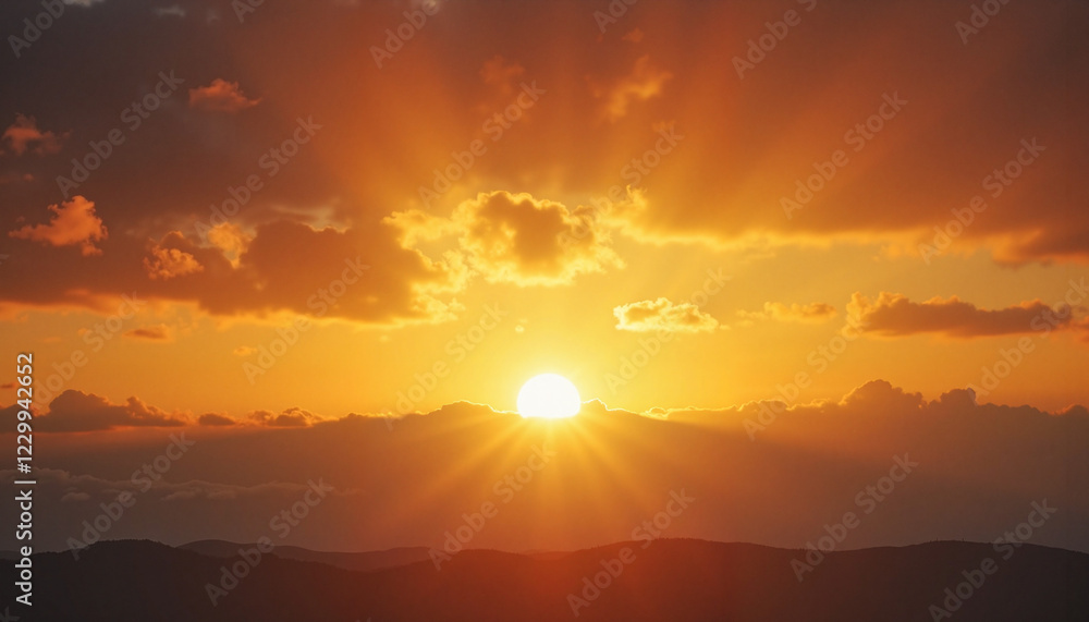 Breathtaking sunrise with dramatic rays of light piercing through clouds, illuminating the horizon Breathtaking sunrise with dramatic rays of light piercing through clouds, illuminating the horizon