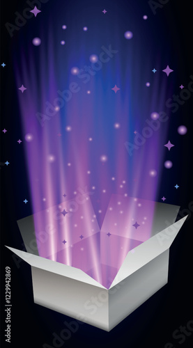 A mesmerizing vector illustration of an open magic gift box, radiating a glowing light with sparkling glitter and flashes of mystical energy. The box appears to be exploding with a burst of stars