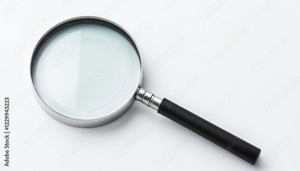 A magnifying glass is displayed against a white background. A magnifying glass is displayed against a white background.