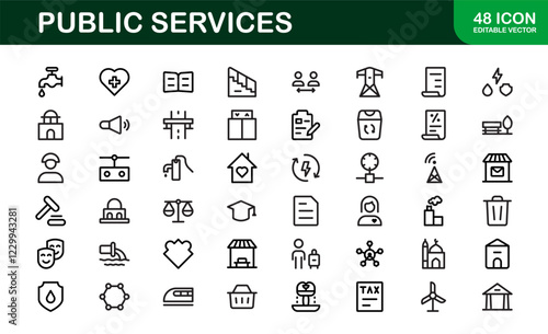 Public Services Icons. Scalable Outline Graphics for Civic, Infrastructure, and Community Service Applications