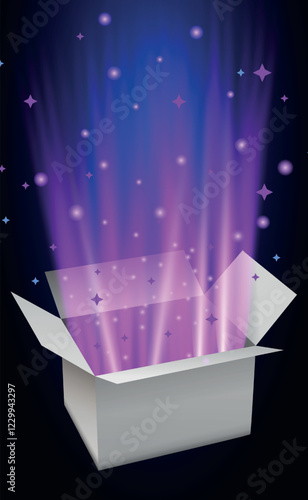 A mesmerizing vector illustration of an open magic gift box, radiating a glowing light with sparkling glitter and flashes of mystical energy. The box appears to be exploding with a burst of stars