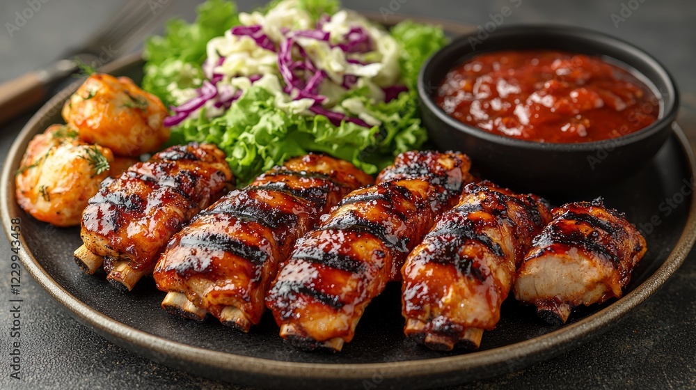 Grilled chicken, coleslaw, and salsa on plate. Delicious BBQ meal. Food photography for menu Grilled chicken, coleslaw, and salsa on plate. Delicious BBQ meal. Food photography for menu