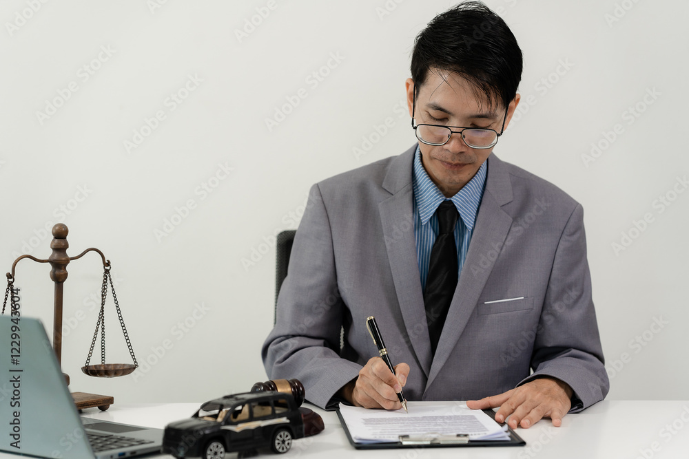 Lawyer holds hammer and car model, car seizure concept, no installment payments, car purchase concept. Lawyer holds hammer and car model, car seizure concept, no installment payments, car purchase concept.