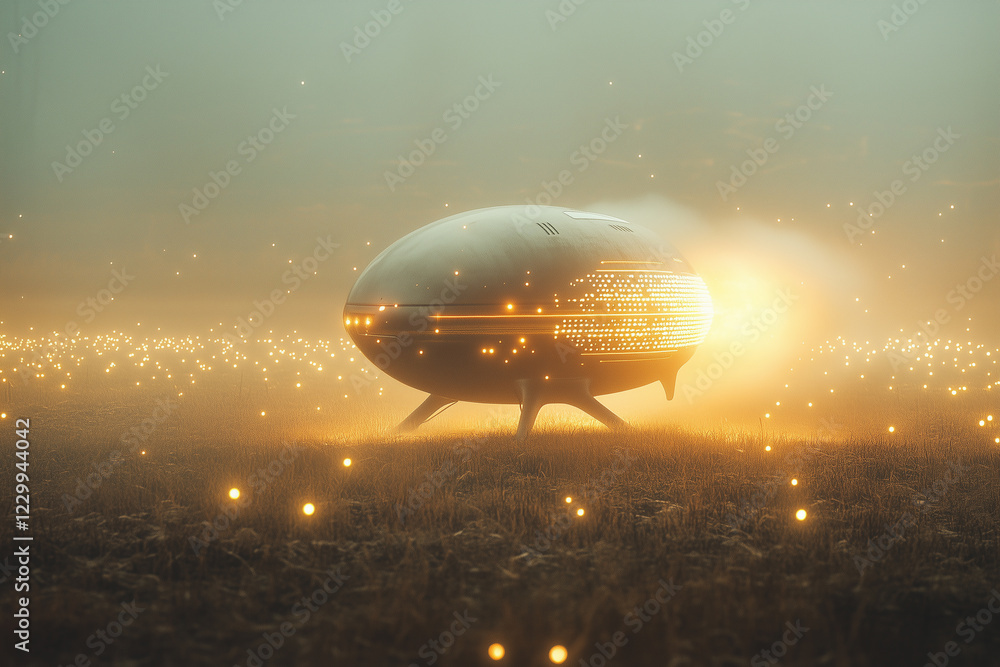 Futuristic emergency pod descends toward a luminous haze in a serene landscape at dusk Futuristic emergency pod descends toward a luminous haze in a serene landscape at dusk