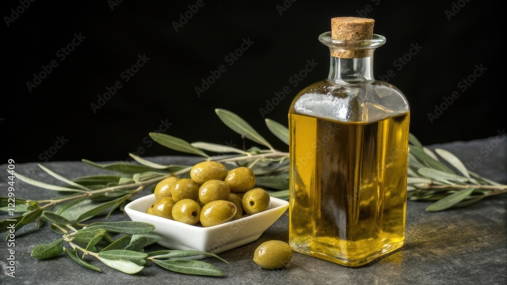 A glass bottle of olive oil sits beside a plate of green olives and olive branches, creating a rustic and appetizing presentation. A glass bottle of olive oil sits beside a plate of green olives and olive branches, creating a rustic and appetizing presentation.