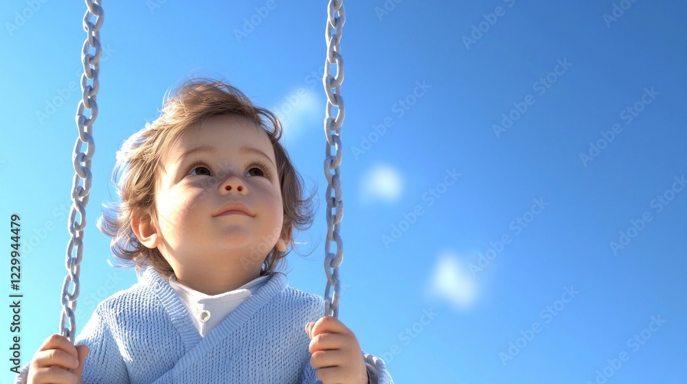 Happy Toddler Swinging on Chains Under a Bright Blue Sky Happy Toddler Swinging on Chains Under a Bright Blue Sky