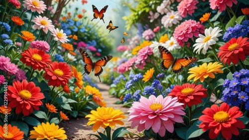 A vibrant garden in spring with blooming flowers and butterflies.