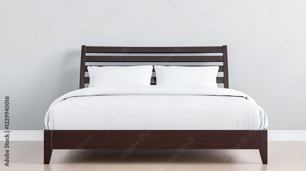 Modern Dark Wood Bed with White Bedding in Minimalist Bedroom