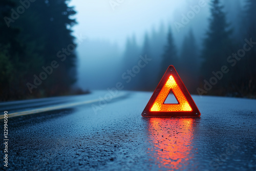 Reflective hazard triangle glowing brightly on wet road in foggy forest during early morning hours photo