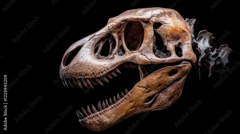 A highly detailed fossilized dinosaur skull against a black background, showcasing intricate textures and features, This image can be used in educational materials, museums, or as decorative art, A highly detailed fossilized dinosaur skull against a black background, showcasing intricate textures and features, This image can be used in educational materials, museums, or as decorative art,