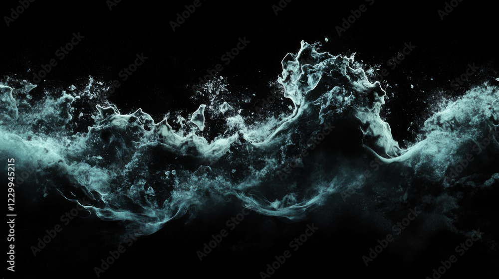 Obraz premium surrealistic wave of white and cyan smoke against black background, creating dramatic and ethereal atmosphere. fluid motion evokes sense of mystery and depth