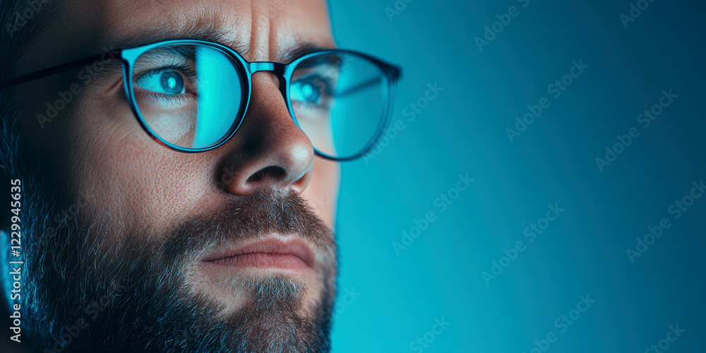 Focused caucasian man wearing glasses in futuristic blue light close up portrait with attentive expression Focused caucasian man wearing glasses in futuristic blue light close up portrait with attentive expression
