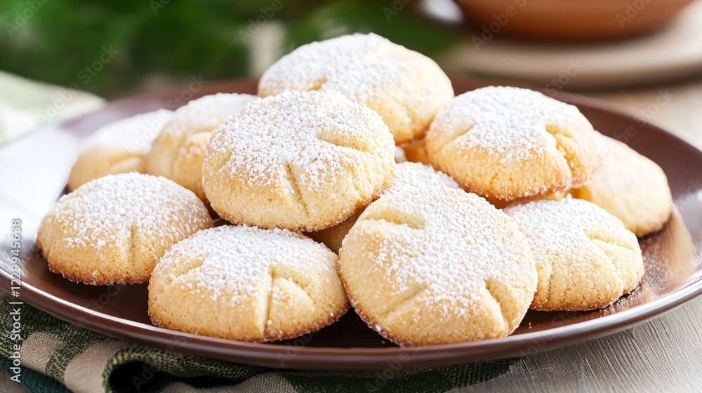 Round Sugar Cookies with Powdered Sugar on Brown Plate Round Sugar Cookies with Powdered Sugar on Brown Plate