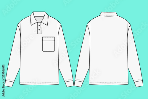  Mens long sleeve button down polo shirt template. Front and back views.