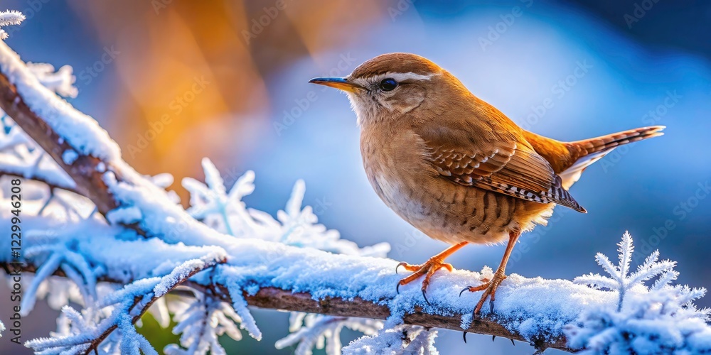 Frozen branch, a Winter Wren's winter wonderland, adorable avian portrait.