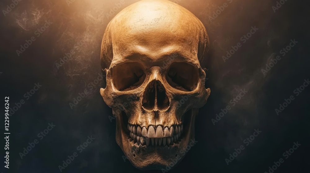 A detailed skull against a dark background, illuminated, showcasing its anatomical features, Useful for educational materials, art projects, and exploring themes of mortality, A detailed skull against a dark background, illuminated, showcasing its anatomical features, Useful for educational materials, art projects, and exploring themes of mortality,