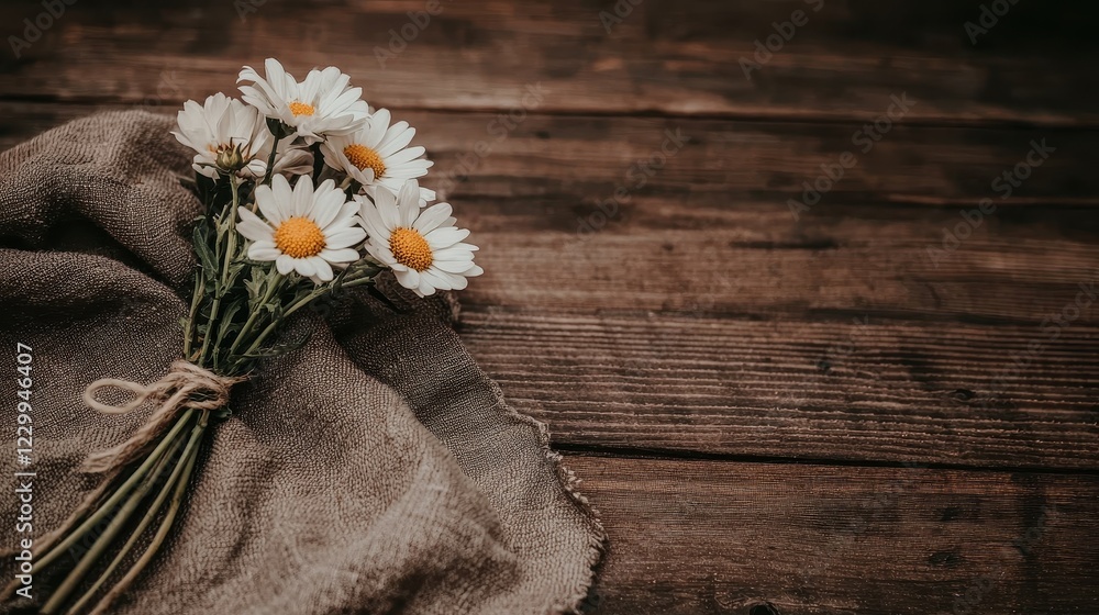 Obraz premium Fresh Daisies Wrapped in Rustic Fabric on a Wooden Table Surface