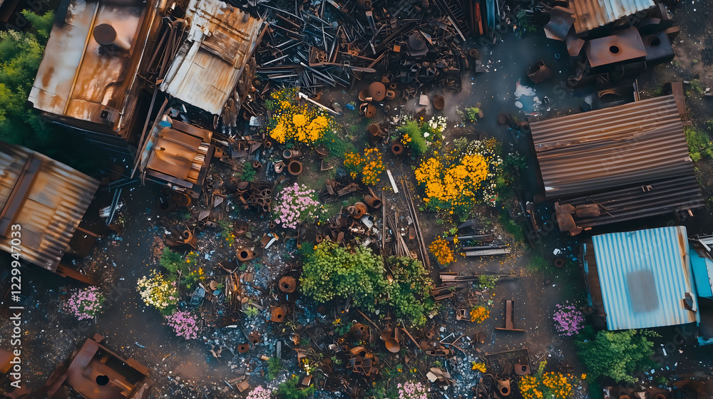 Aerial View of Industrial Site With Vibrant Flowers Amidst Piles of Scrap Iron and Metal Debris. Generative AI Aerial View of Industrial Site With Vibrant Flowers Amidst Piles of Scrap Iron and Metal Debris. Generative AI