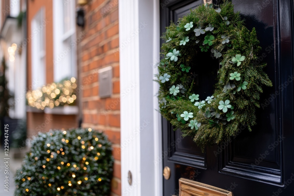 An elegantly crafted green wreath hangs on a front door, complemented by twinkling lights and holiday decor, welcoming visitors with a festive cheer. An elegantly crafted green wreath hangs on a front door, complemented by twinkling lights and holiday decor, welcoming visitors with a festive cheer.