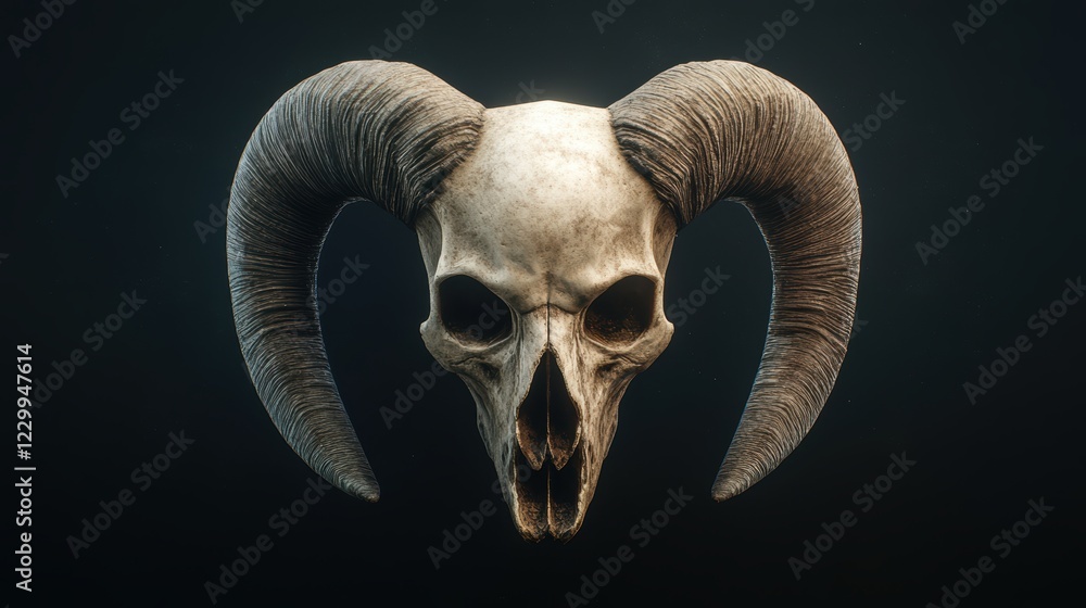 Obraz premium A detailed, artistic rendering of a ram's skull with large horn curvature against a dark backdrop, Suitable for themes of nature, death, mythology, or as a striking design element,