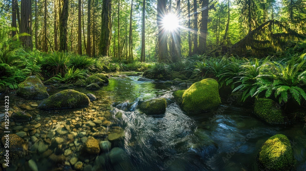 Obraz premium Sunlit creek flows through mossy forest