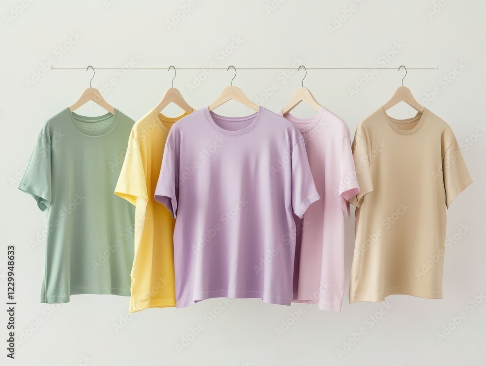 Stylish hanging t-shirts display in minimalist room fashion photography soft color palette aesthetic view Stylish hanging t-shirts display in minimalist room fashion photography soft color palette aesthetic view