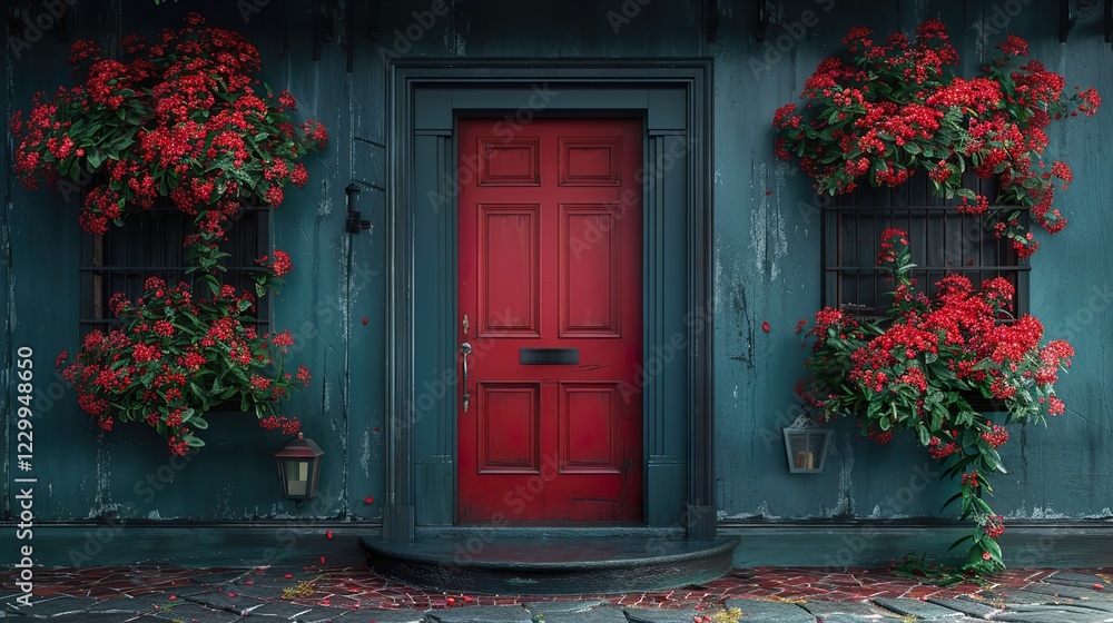 Fototapeta premium A charming house with a red door and a stone pathway around it. HD 8K wallpaper Photographic Image