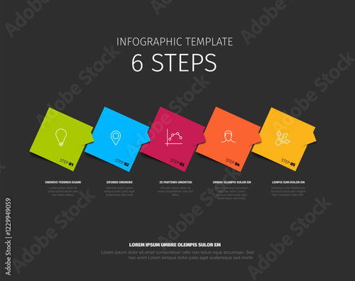 Dark infographic template features six colorful steps with icons and descriptions. Ideal for representing processes or workflows, each step is uniquely colored and labeled.