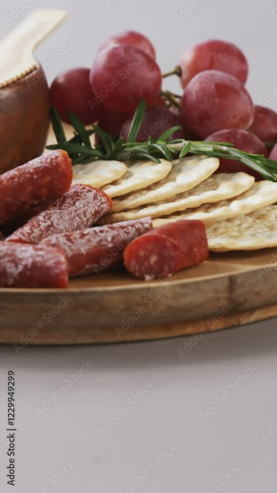Crispy biscuits, tomatoes, grapes and bowl of cheese on wooden board Crispy biscuits, tomatoes, grapes and bowl of cheese on wooden board