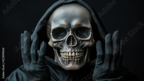 A close-up of a skull mask worn by a person in black, creating a dramatic and eerie atmosphere, Ideal for Halloween-themed projects, horror content, or graphic design requiring a spooky element, photo