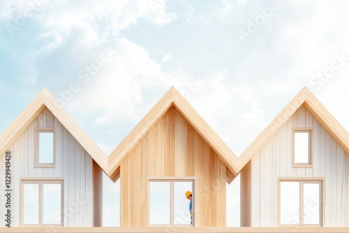 Construction worker skillfully framing a house under a clear blue sky with wooden designs photo