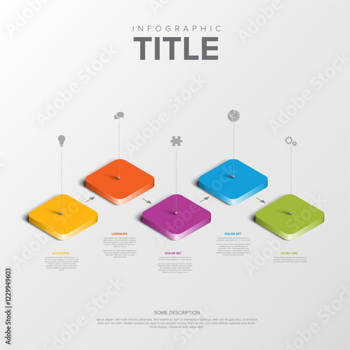 Light infographic displays a 3D layout with five colorful steps in orange, yellow, purple, blue, and green. Each step features icons and text for presenting information clearly.