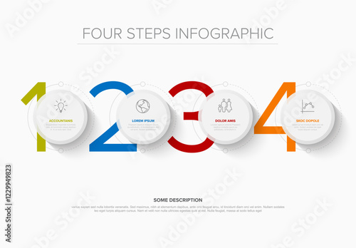A four-step circular infographic displays numbers and icons, highlighting accountancy processes. With vibrant colors, this infographic effectively illustrates a step-by-step workflow.
