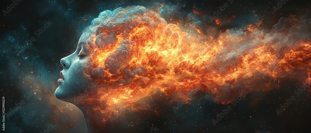 Obraz premium Womans face surrounded by orange and blue explosion in abstract artistic background