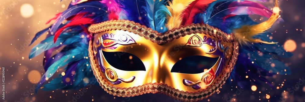 Naklejka premium Elegant Venetian masquerade mask in gold with intricate details, colorful feathers, and sparkling accents set against a festive background with glowing bokeh lights and floating confetti.