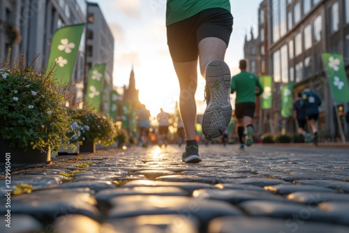 A dynamic shot capturing a runner in motion during a city race, embodying the spirit of competition, fitness, and community amidst a vibrant urban backdrop. photo