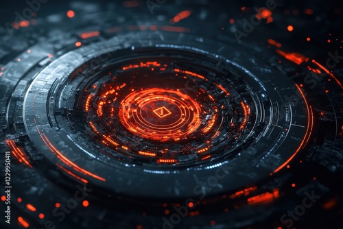 An intricate digital design featuring swirling red circular patterns against a dark backdrop, evoking a sense of depth, motion, and technological allure in a captivating manner.