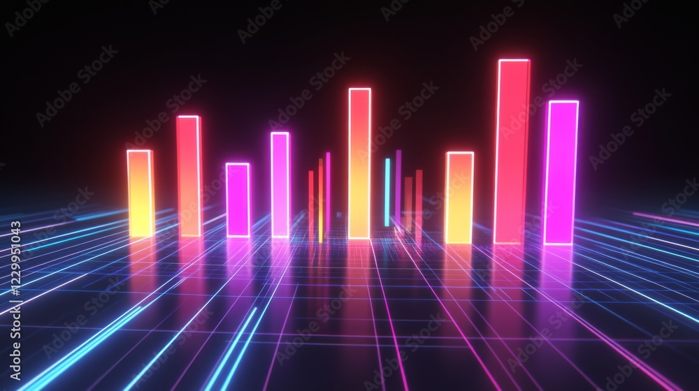 A dynamic D bar graph with glowing neon bars, showing data comparison in a high-tech setting with grid lines and axis markers. A dynamic D bar graph with glowing neon bars, showing data comparison in a high-tech setting with grid lines and axis markers.