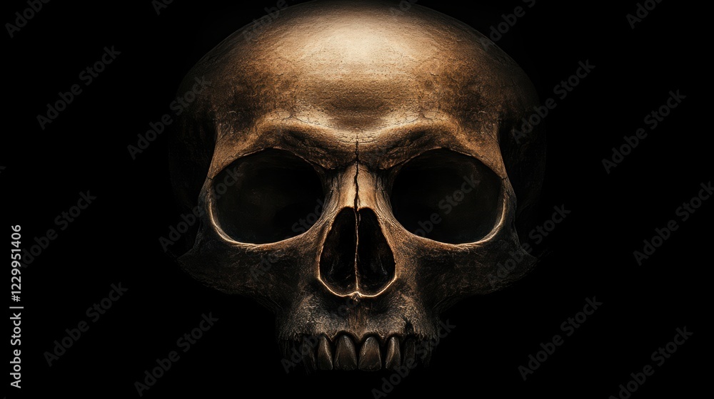 Obraz premium A highly detailed skull against a black background, emphasizing texture and shadow, suitable for educational materials, Halloween themes, or artistic projects focused on the human anatomy,