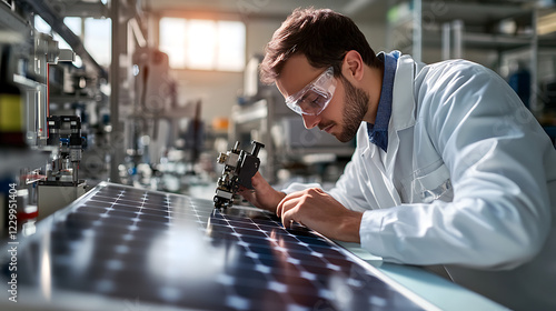 Engineer Testing Solar Panel Prototype in a High-Tech Laboratory Environment