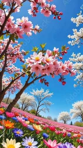 A vibrant spring scene with blooming flowers and a clear blue sky