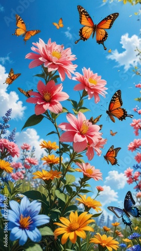 A vibrant spring scene with blooming flowers, butterflies, and a clear blue sky