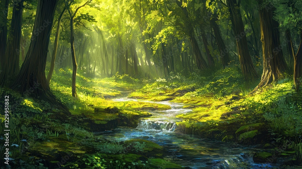 Obraz premium Sunlit forest stream, dappled light, lush greenery, peaceful background, nature scene