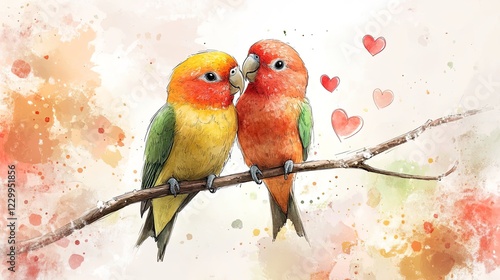 Hand drawn illustration of two lovebirds perched on a blossoming branch delicate and romantic art