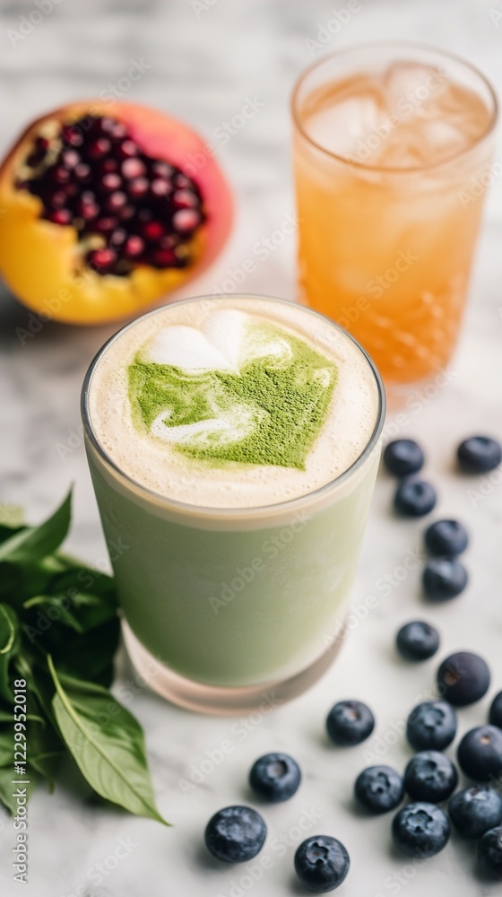 Matcha Latte with Heart Design, Pomegranate, and Blueberries Matcha Latte with Heart Design, Pomegranate, and Blueberries