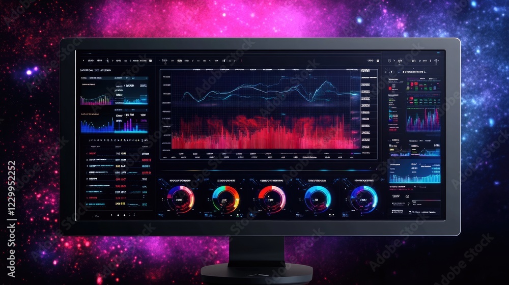 A futuristic economy dashboard with real-time financial data over a colorful background. A futuristic economy dashboard with real-time financial data over a colorful background.