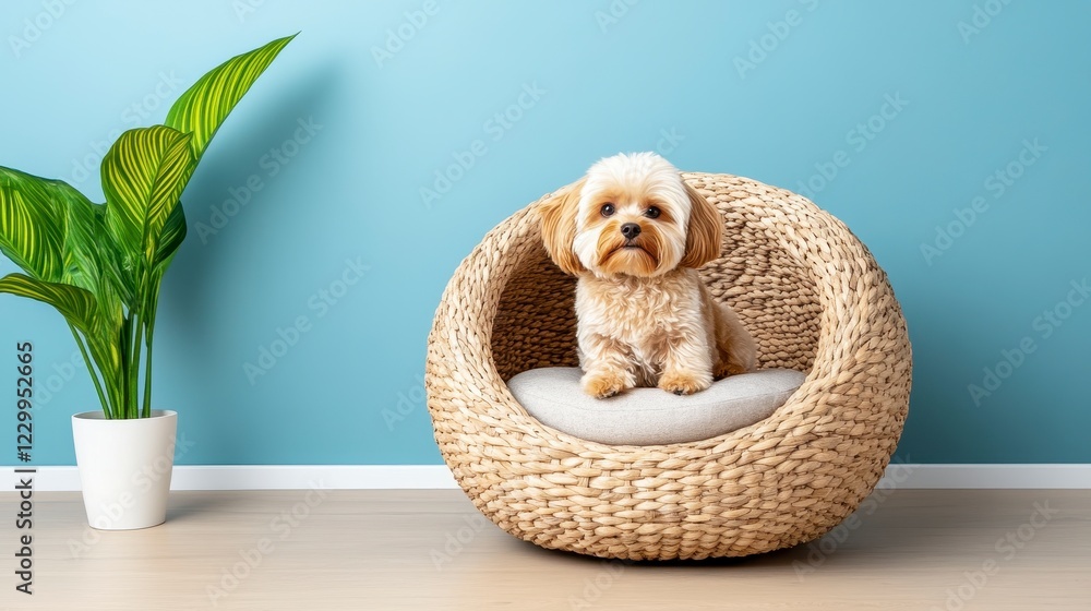 Fototapeta premium Cute Small Dog Sitting on Stylish Rattan Chair in Bright Interior