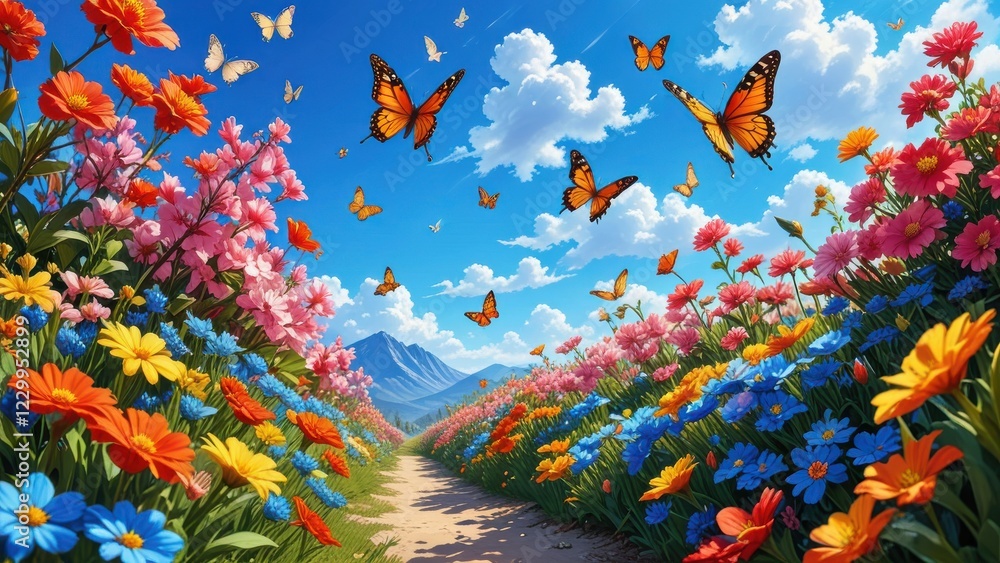 A vibrant spring scene with blooming flowers, butterflies, and a clear blue sky A vibrant spring scene with blooming flowers, butterflies, and a clear blue sky