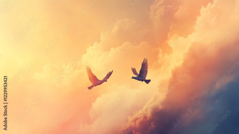 A dynamic photograph of two doves soaring through the air together, with their wings in motion against a backdrop of soft clouds, illustrating the spirit of love A dynamic photograph of two doves soaring through the air together, with their wings in motion against a backdrop of soft clouds, illustrating the spirit of love