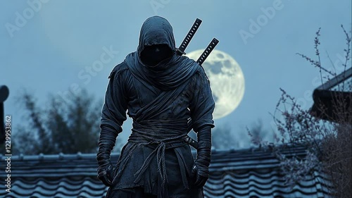 Mysterious ninja warrior standing on a rooftop under the moonlight, ready for action.